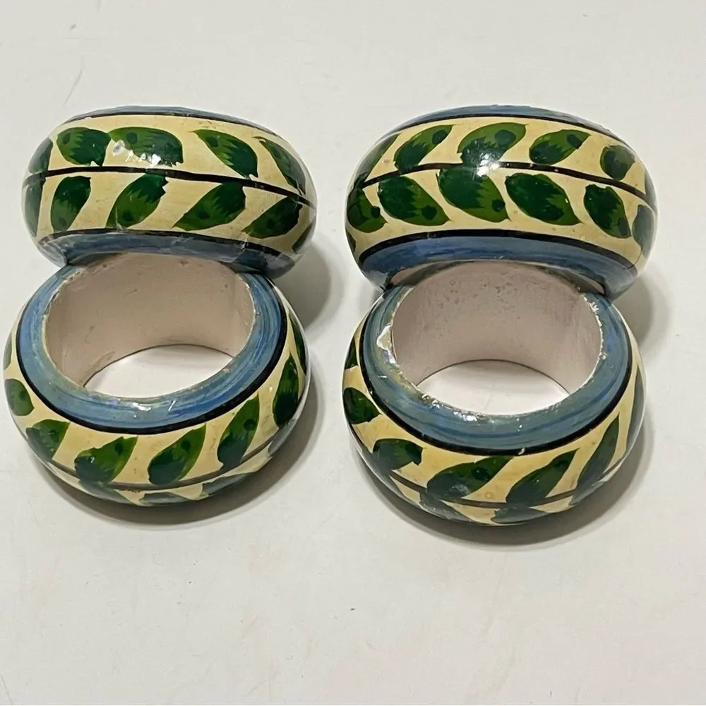 Hand Painted Green Leaf Vine Napkin Rings Multicolor Shabby Chic Cottage 4 Set